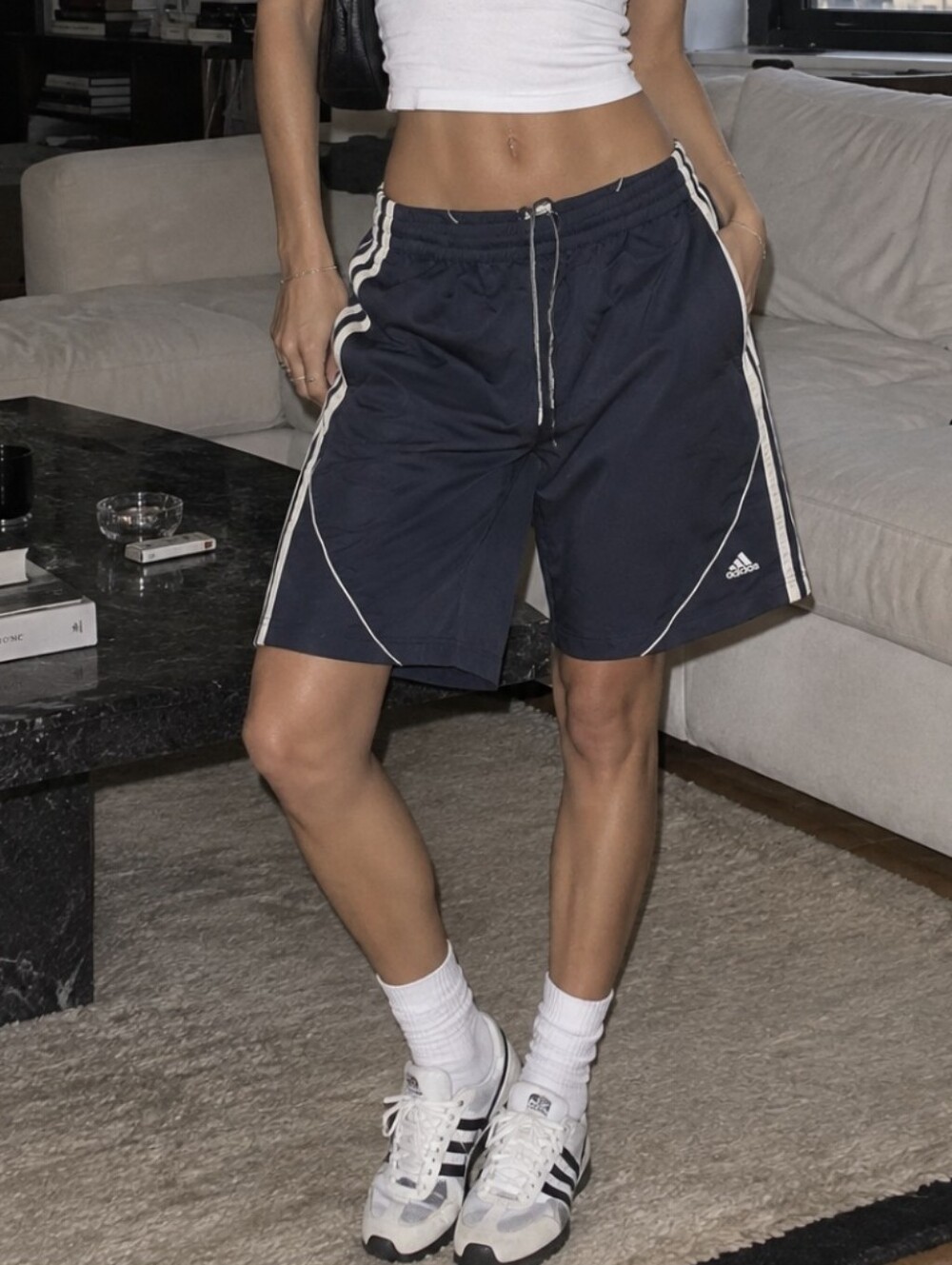 Vintage Y2k 🎀Adidas Men’s Navy Blue Athletic Shorts with White Stripes 🤍💙
